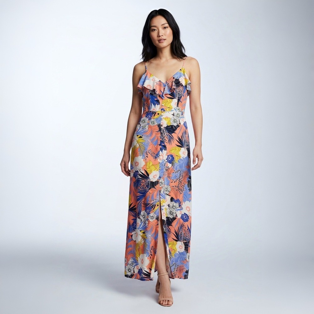 Sanctuary Isabella Maxi Dress Papaya Love Tropical Floral Ruffle XL NWT